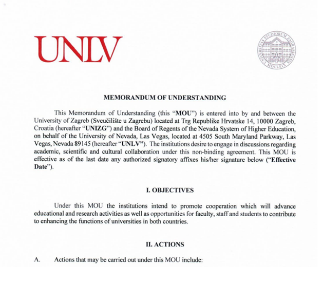Potpisivanje Sporazuma o suradnji sa Sveučilištem u Nevadi, Las Vegas, SAD